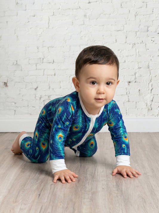 Bamboe Baby Boxpakje - Tweewegritssluiting en Ingebouwde Wantjes & Sokjes - Blauw met Pauwenveren - Kraamcadeau - Jongens en Meisjes Romper